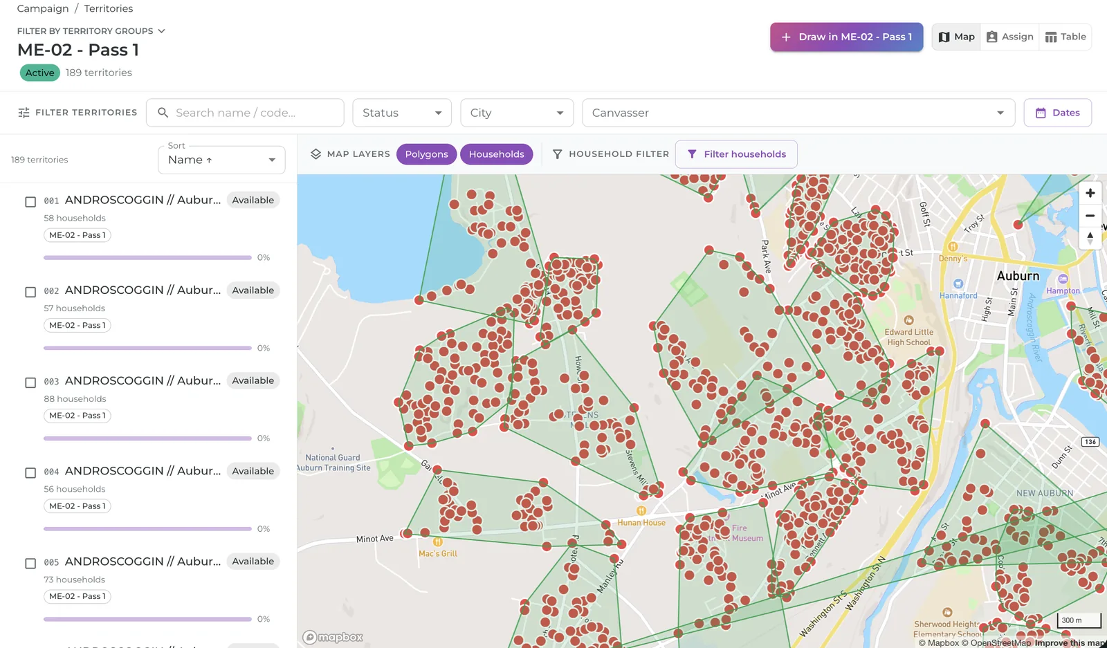The admin territory map with 189 territories drawn over a city, every household shown as a dot